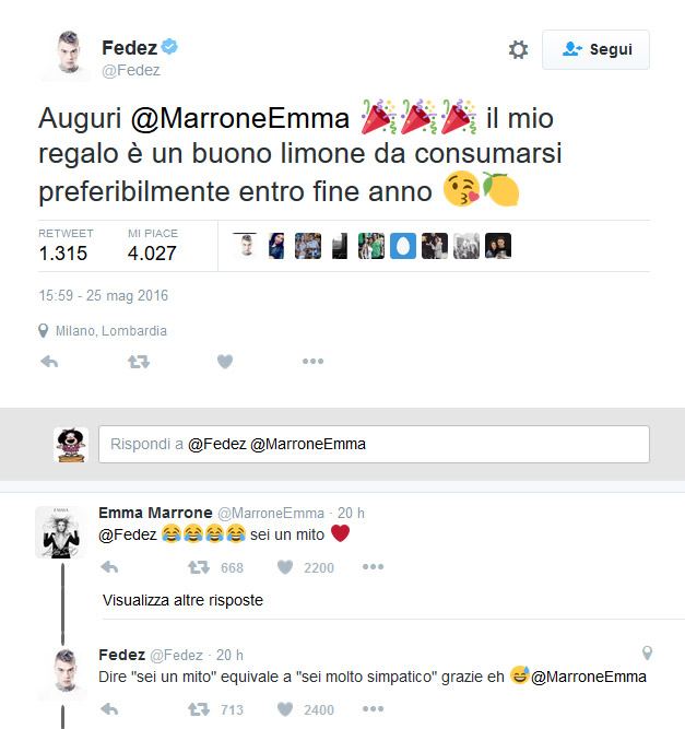 Fedez Ci Prova Con Emma Marrone Su Twitter Ma Lei Gli Da Il Due Di Picche Dilei