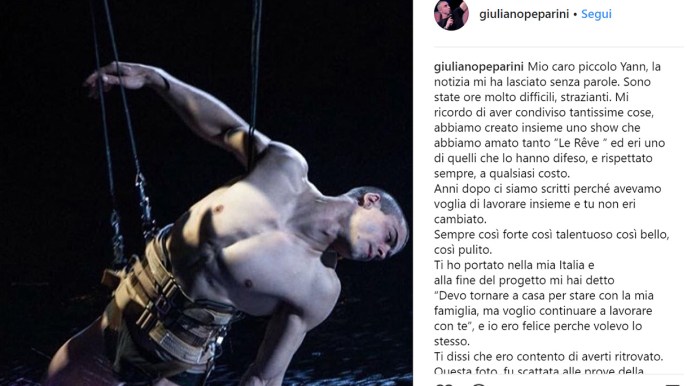 Il commovente ricordo di Giuliano Peparini per l’acrobata del Cirque du Soleil