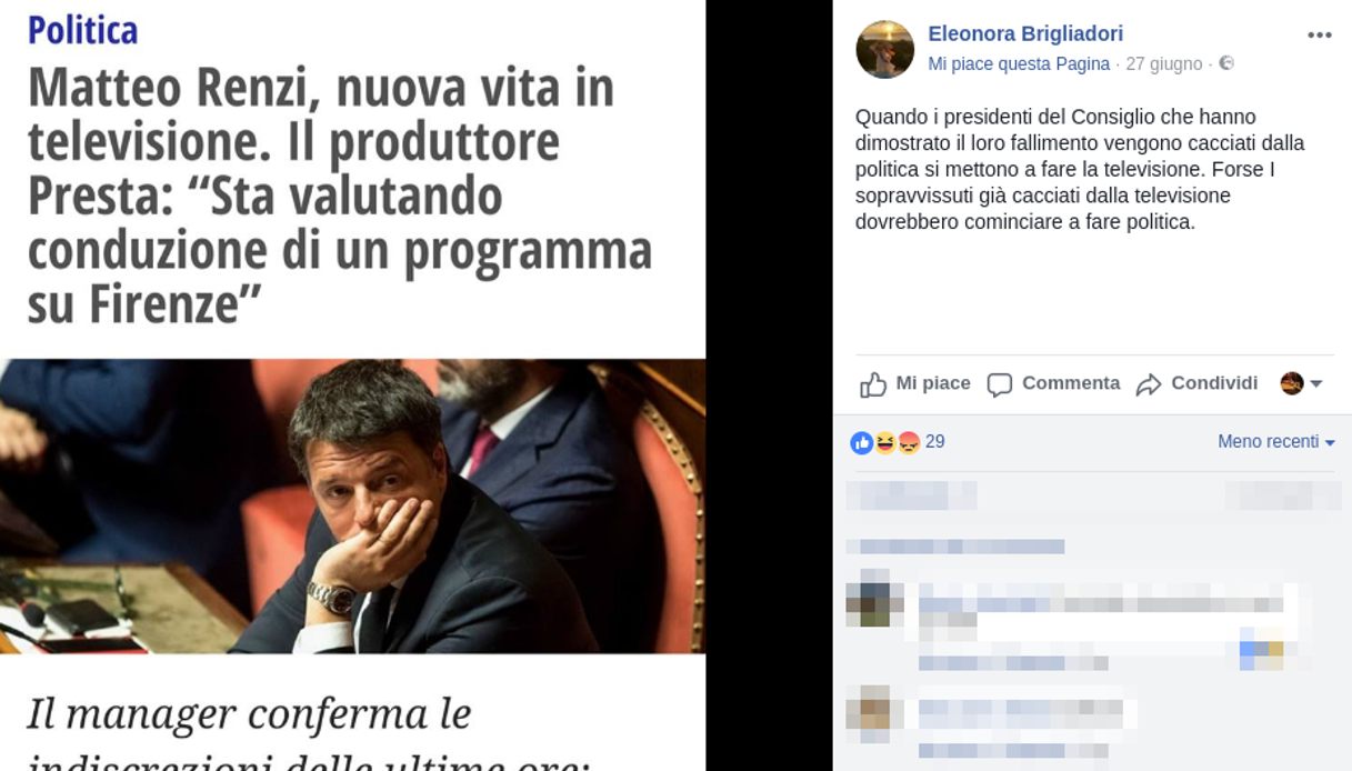 Eleonora Brigliadori post Facebook politica in discesa