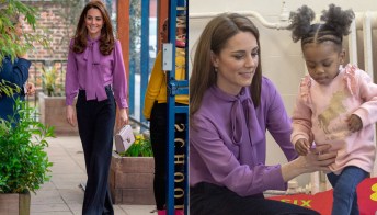 Kate Middleton incanta con la blusa di Gucci e i pantaloni larghi