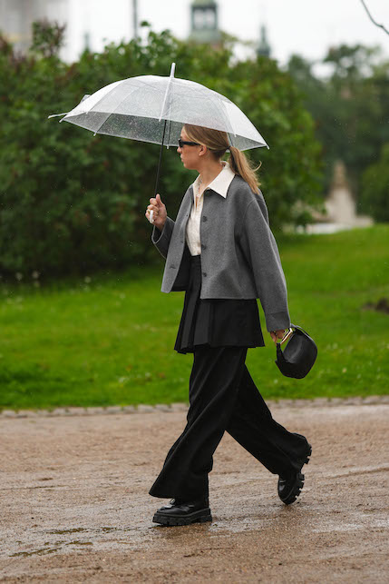 ragazza con outfit da pioggia e ombrello