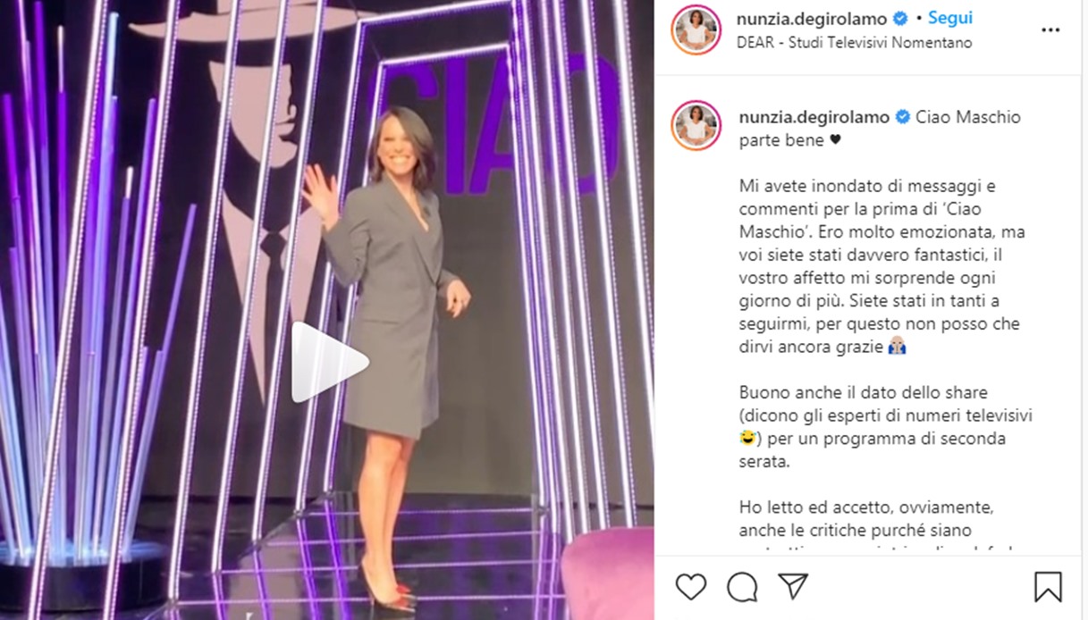 Nunzia De Girolamo commenta la prima puntata di Ciao Maschio su Instagram
