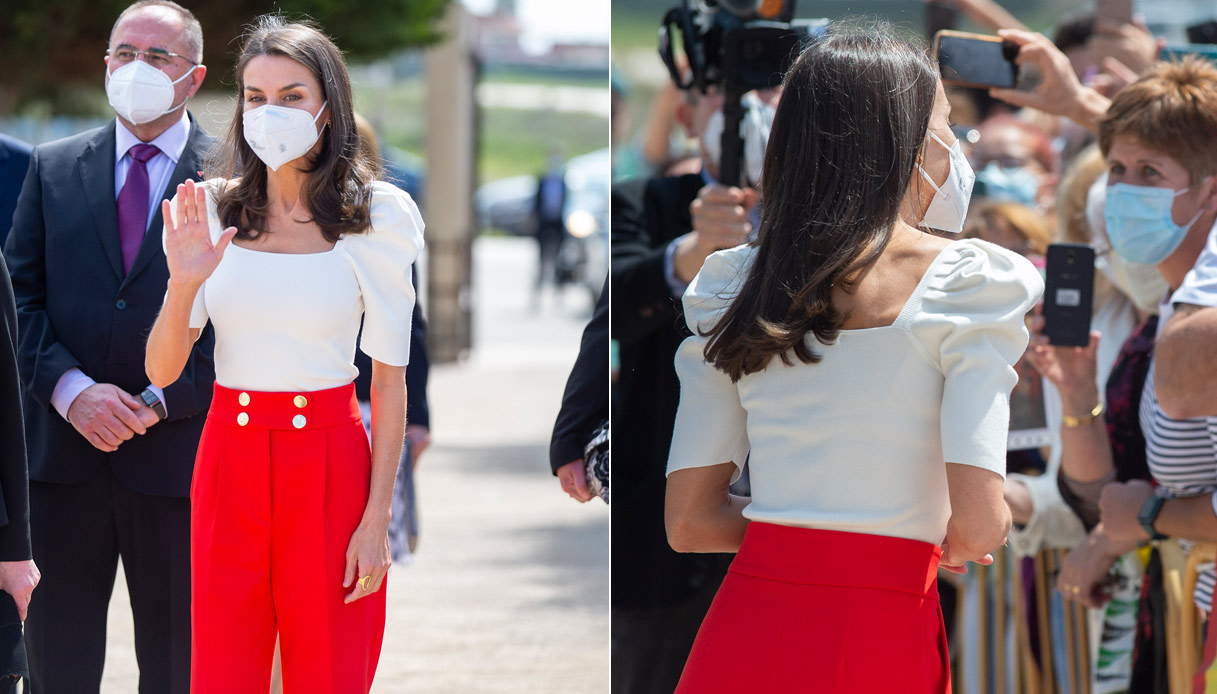 Letizia di Spagna, pantaloni-culotte rossi e top con maxi maniche: divina