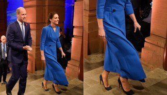 Kate Middleton brilla con l’abito-cappotto blu elettrico