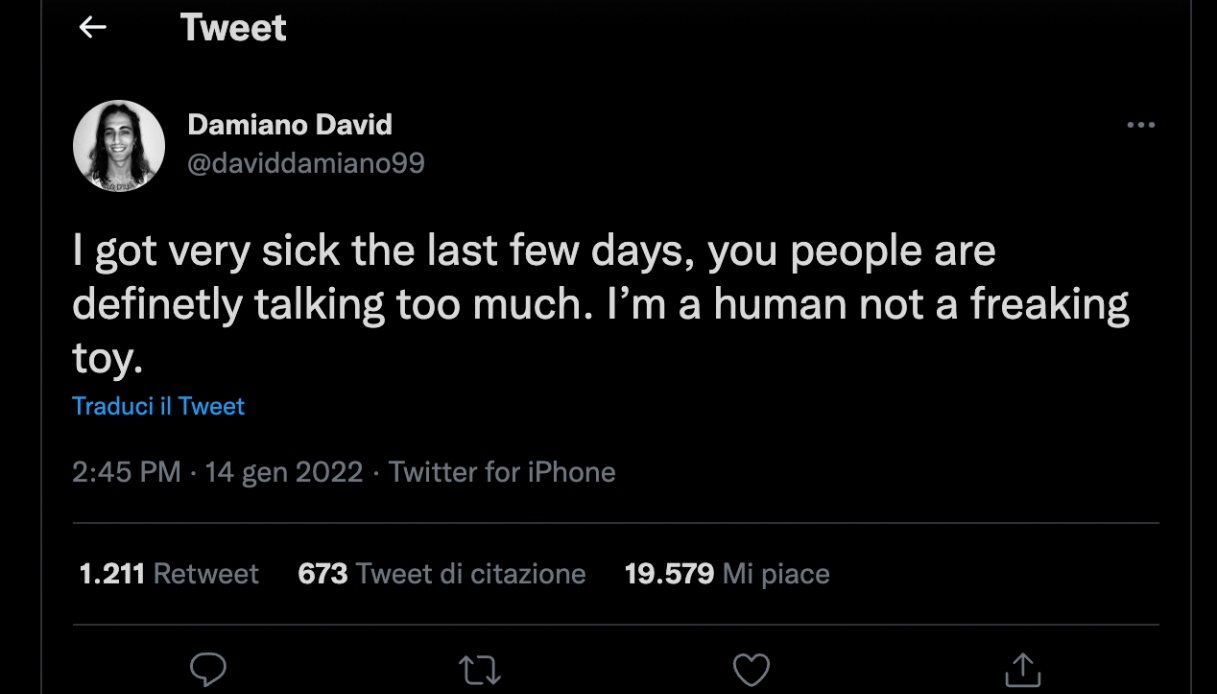 Il tweet di Damiano David