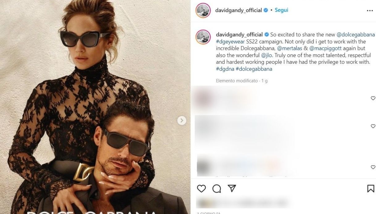 Il post di david Gandy su Instagram con un'immagine della campagna Dolce e Gabbana 