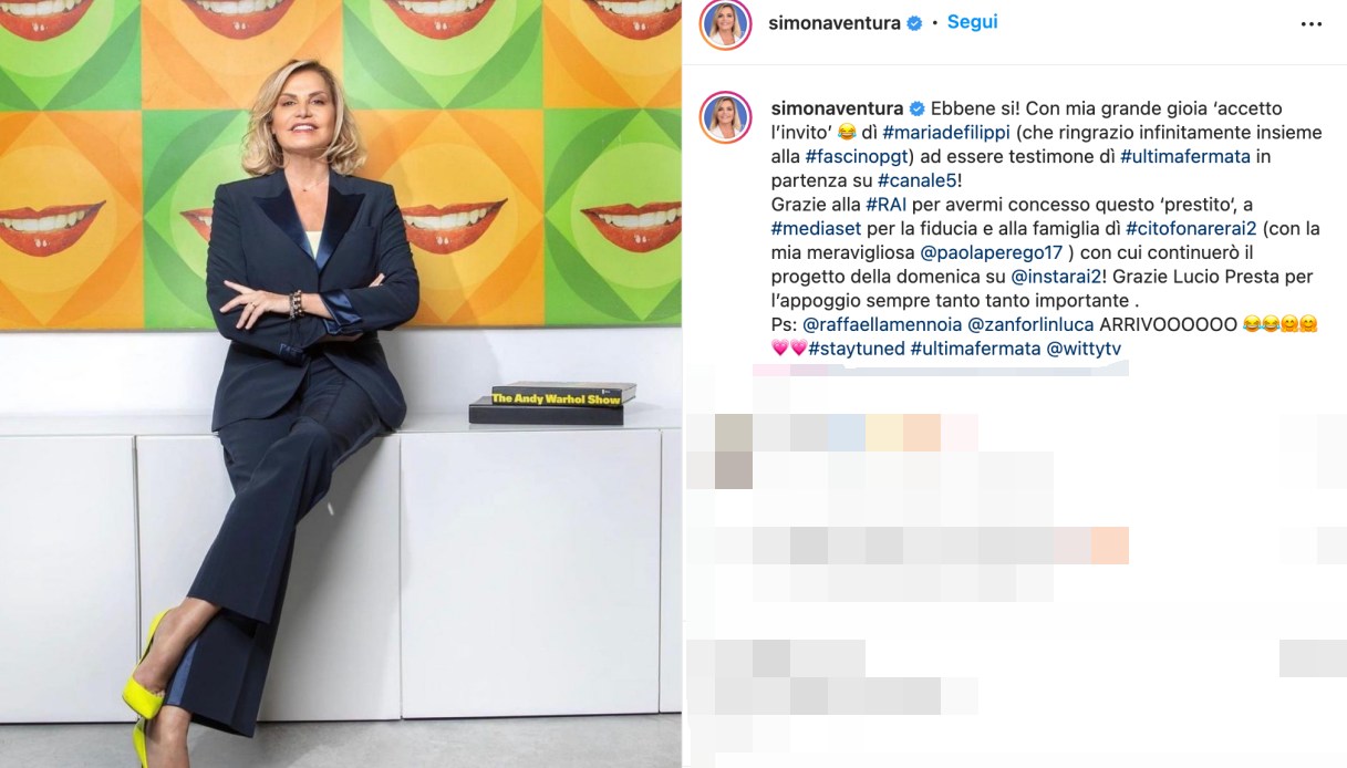 Simona Ventura annuncia su Instagram la conduzione di Ultima Fermata