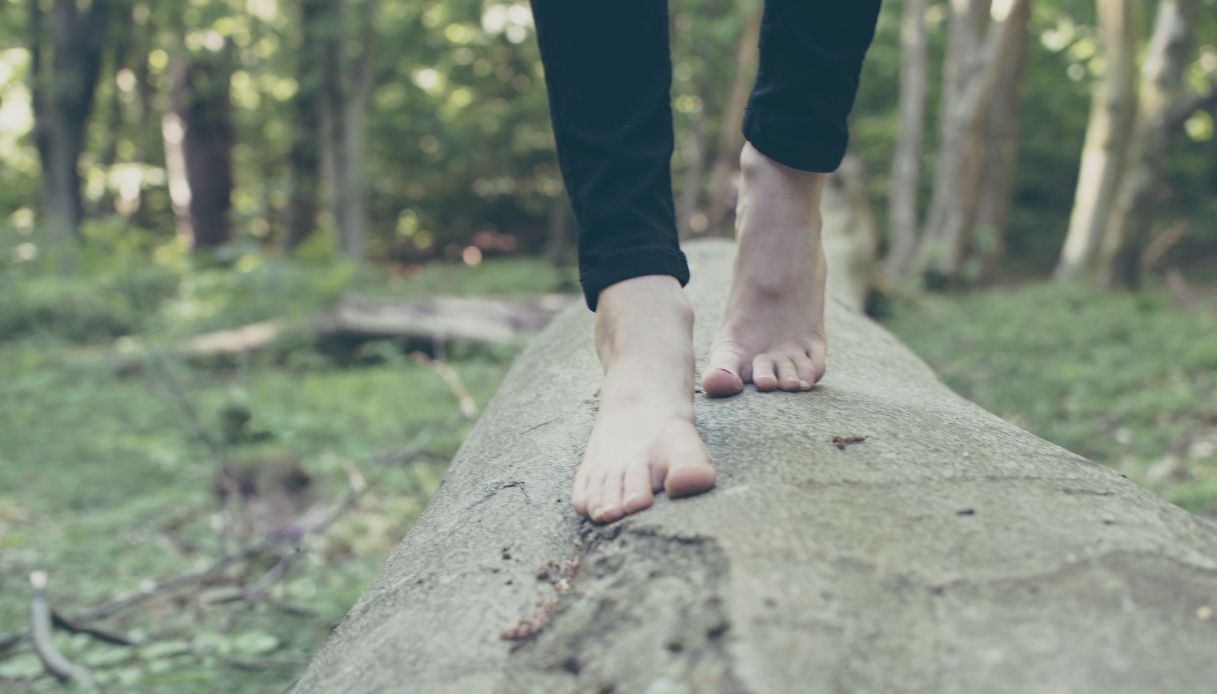 piedi di donna su tronco di albero nel bosco con pantaloni neri