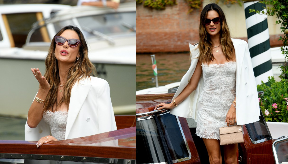 Alessandra Ambrosio arriva a Venezia, il look total white in pizzo