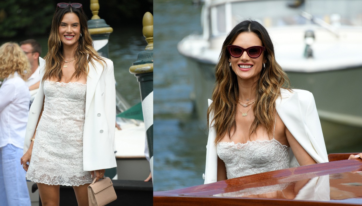 Alessandra Ambrosio arriva a Venezia, il look total white in pizzo