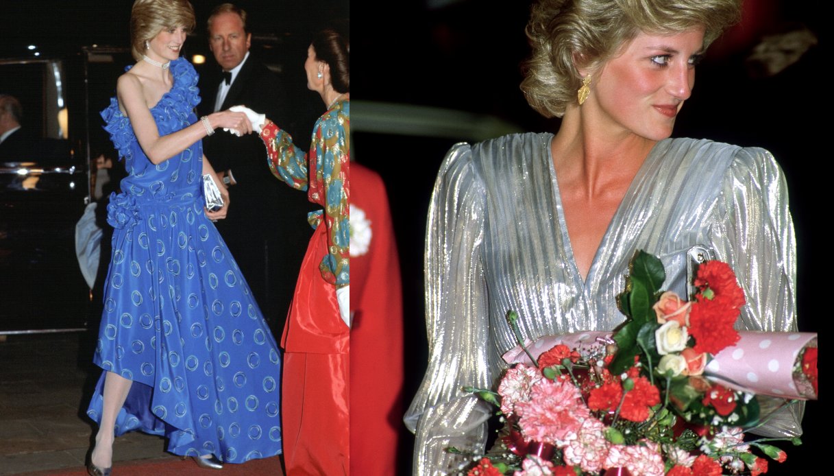 Lady Diana negli anni Ottanta indossa un abito azzurro e uno argentato nello stile dell'epoca