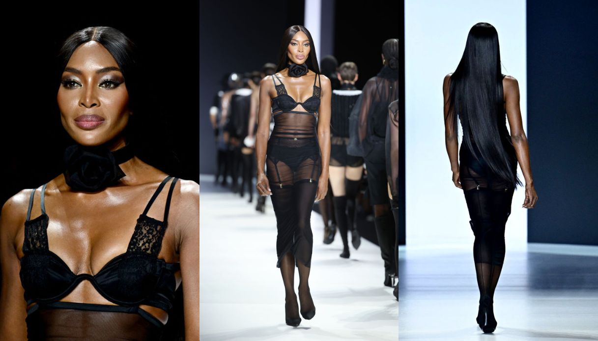 MFW, Naomi Campbell incanta in passerella in guêpière: il look da sogno