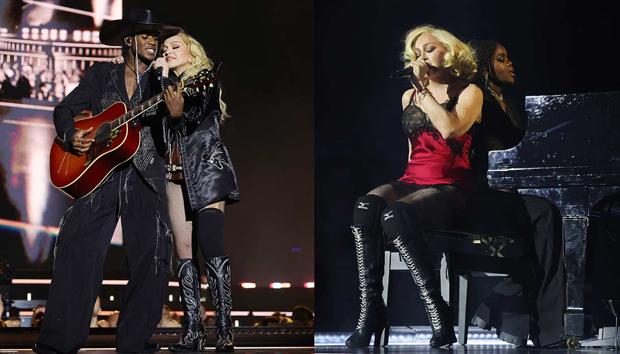 Madonna con David Banda e Mercy James sul palco del Celebration Tour a Londra, ottobre 2023