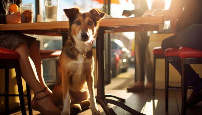 Cane seduto all'interno di un ristorante