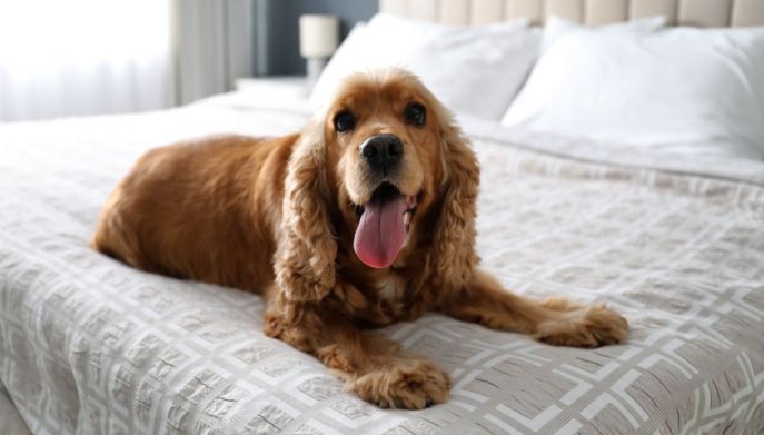 cane sul letto di una stanza in hotel