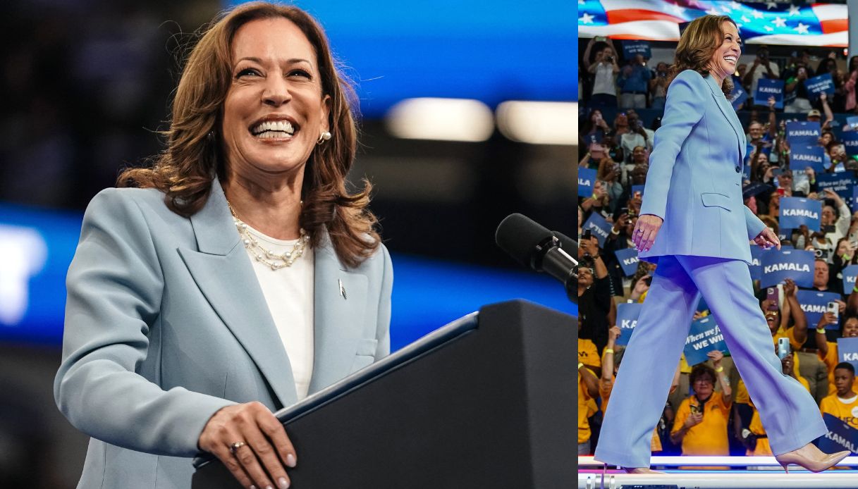 Kamala Harris, il look ad Atlanta: tailleur sartoriale