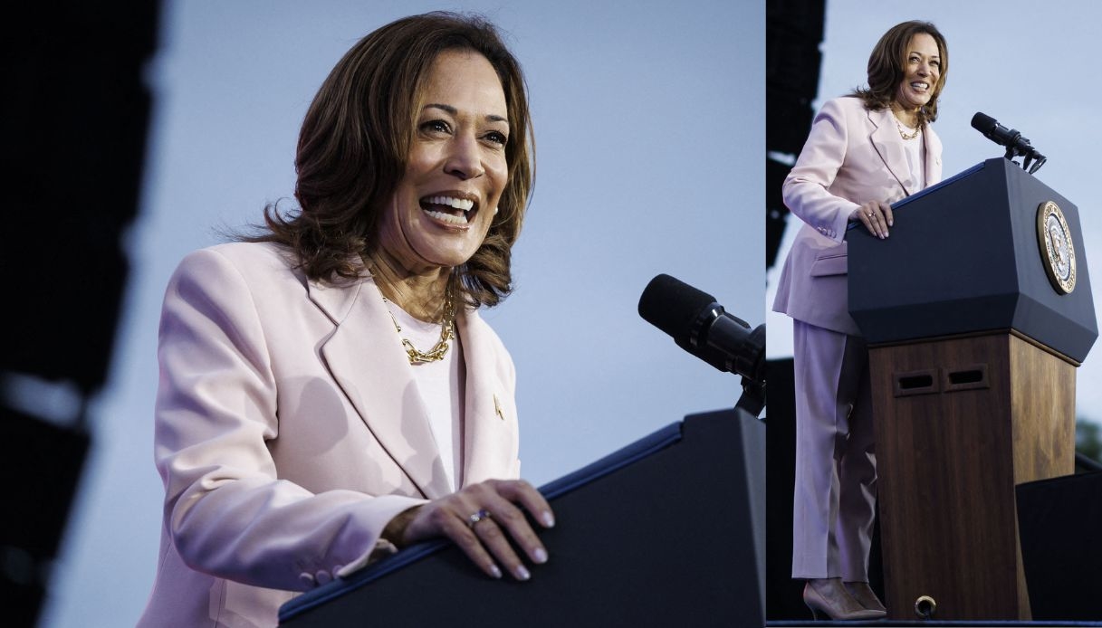 Kamala Harris, il look rosa pastello