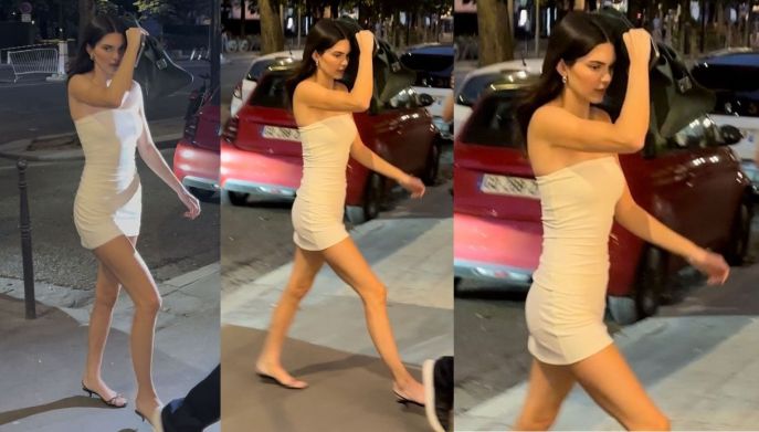 Kendall Jenner, mini abito cortissimo e bagnato a Parigi