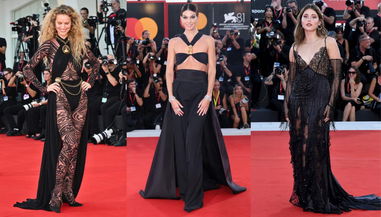 Festival di Venezia, abito-tatuaggio di Eva Herzigova, lingerie a vista e spacchi sul secondo red carpet