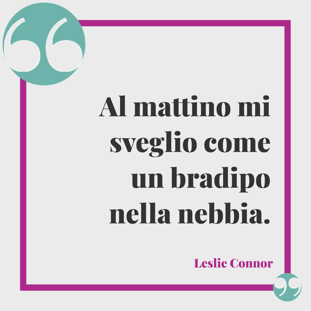 Frasi sul buongiorno. Al mattino mi sveglio come un bradipo nella nebbia. Leslie Connor