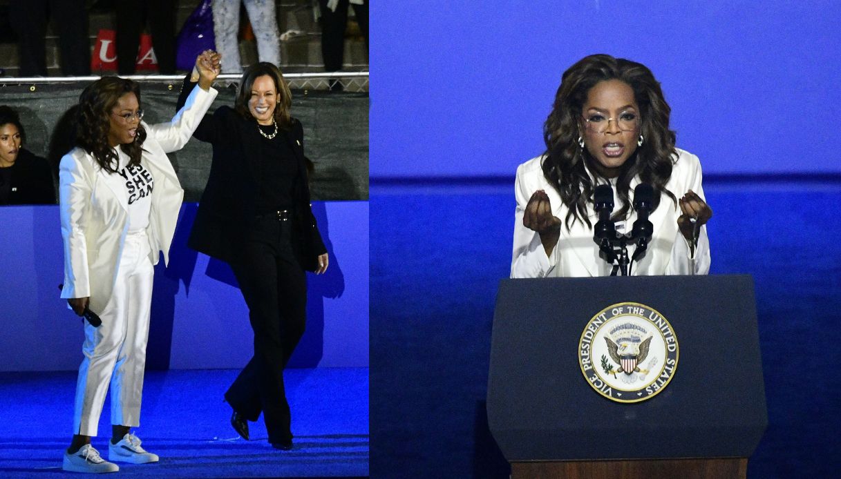 Oprah Winfrey sul palco con Kamala Harris