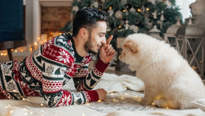 Ragazzo con cane a Natale