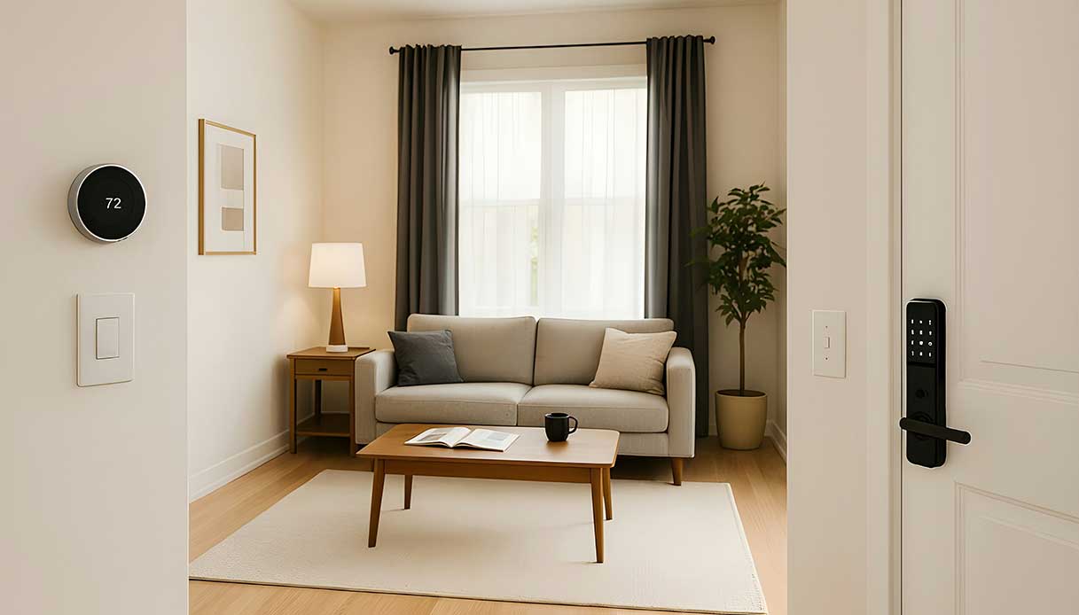 Soggiorno minimal con termostato smart per il controllo della temperatura domestica.