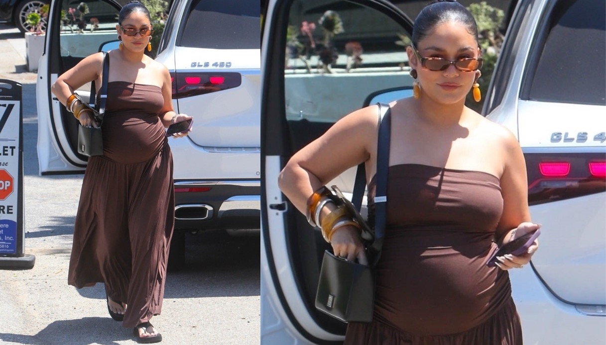 Vanessa Hudgens incinta, pancione da diva in marrone