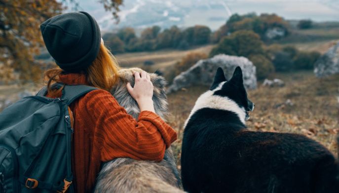 Ragazza fa una gita in montagna con i cani