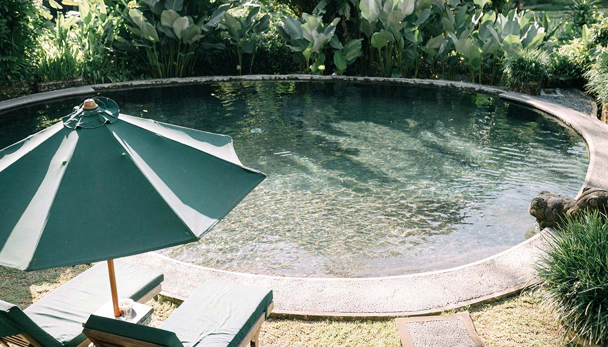 Laghetto rotondo in giardino tropicale con lettini e ombrellone