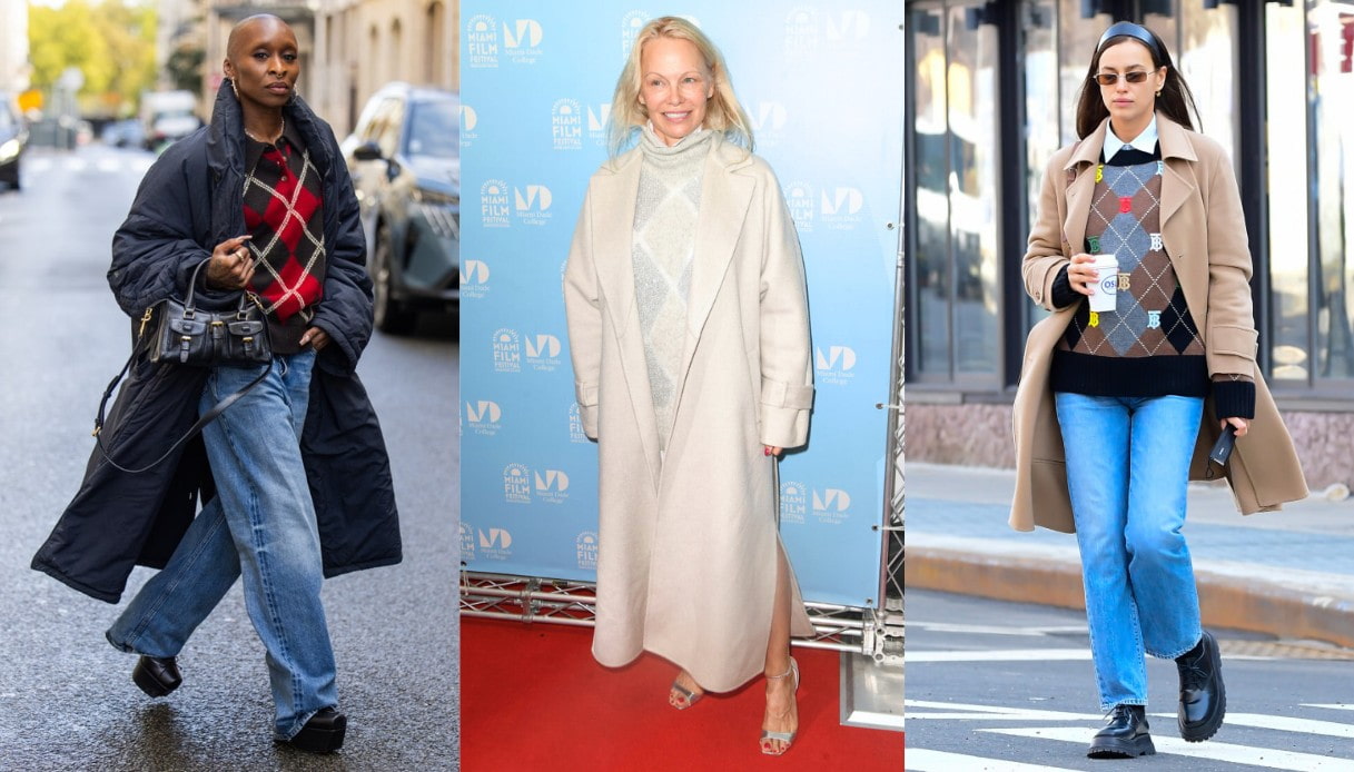 Il maglione a rombi è tornato, come lo indossano le star: da Pamela Anderson a Cynthia Erivo