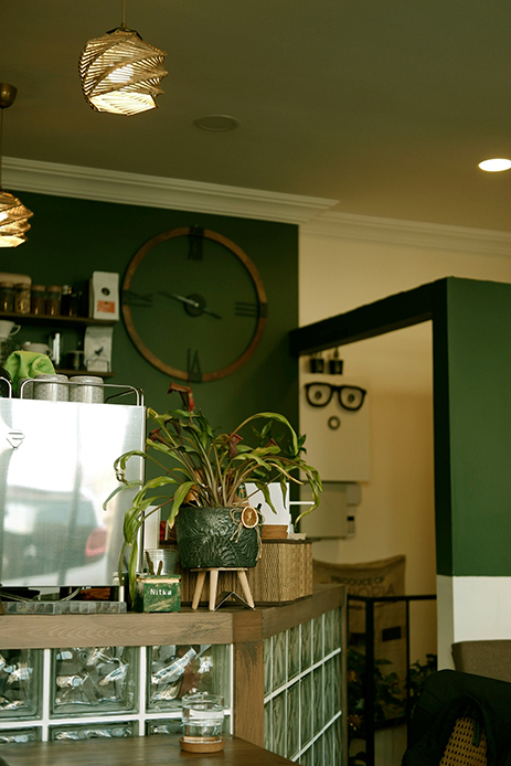 Cucina con pareti verde invecchiato, piante e dettagli in legno