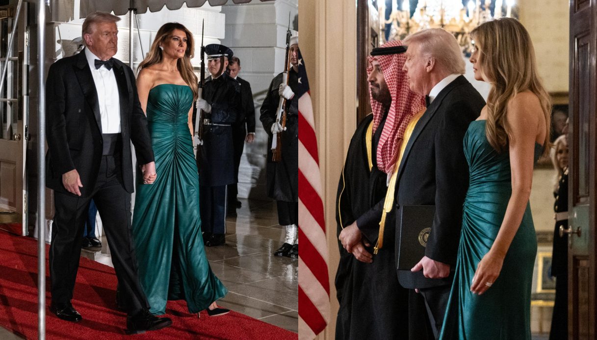 melania-trump-il-fantastico-abito-bustier-verde-smeraldo-per-la-cena