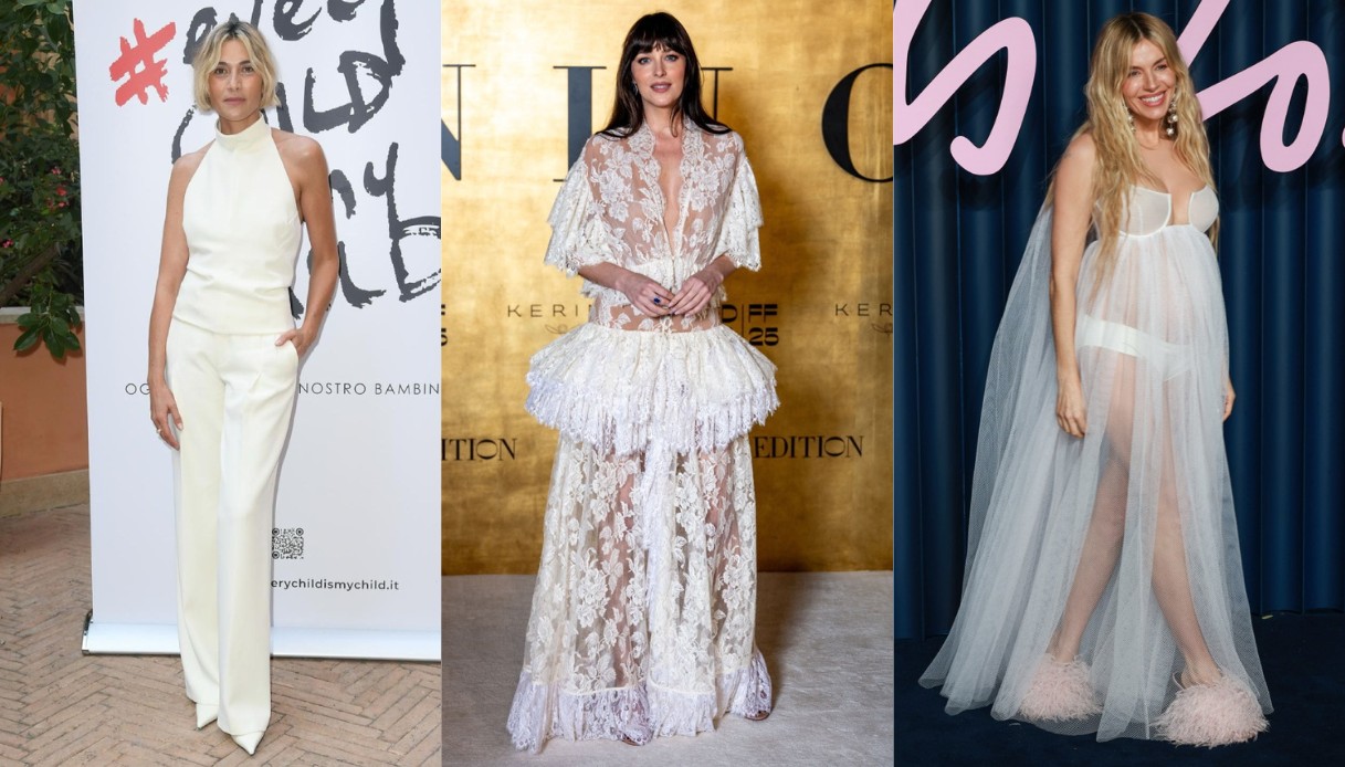 Bianco per Natale 2025: i look Cloud Dancer inspired delle star, da Dakota Johnson ad Anna Foglietta