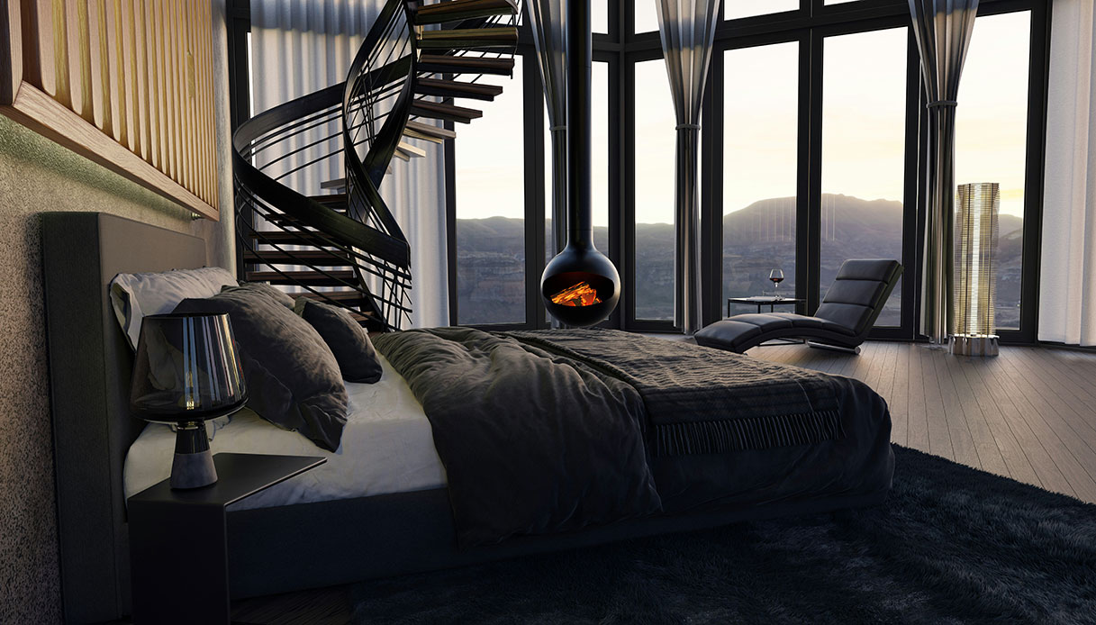 Suite moderna con camino sospeso davanti a grandi vetrate, letto matrimoniale e zona relax.