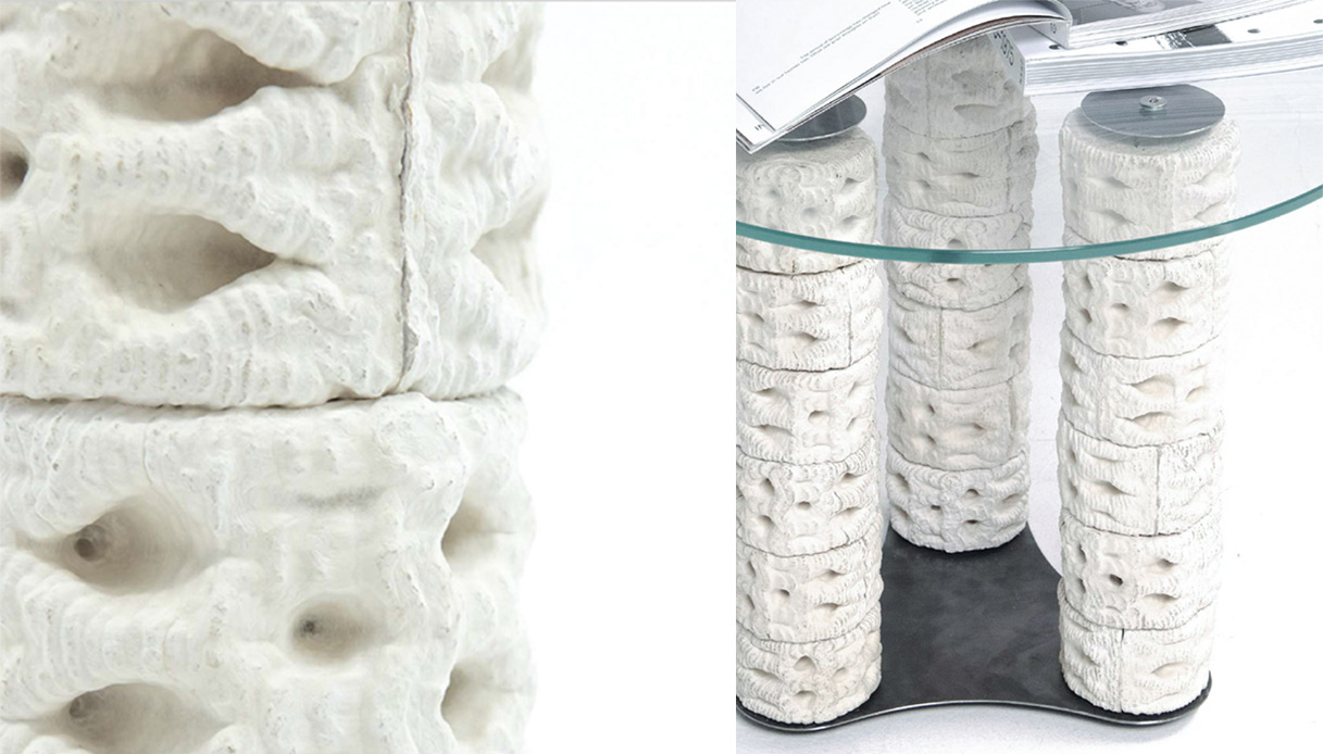 Dettaglio di arredo in micelio e superficie materica di un materiale vivente