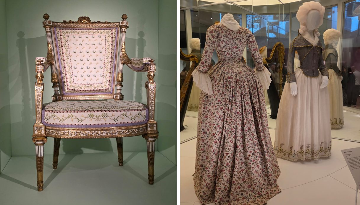 Una sedia di Maria Antonietta e alcuni abiti della sua epoca esposti al V&A