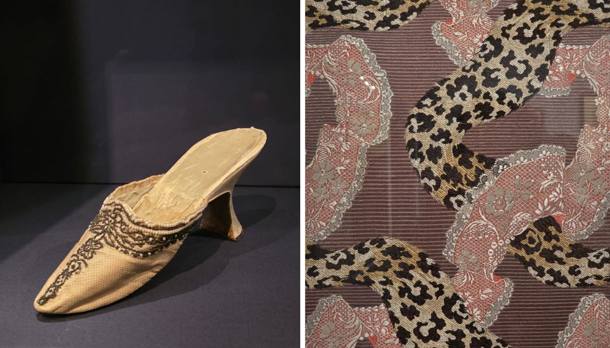 Una scarpa di Maria Antonietta e un pezzo di stoffa animalier di un abito dell'epoca