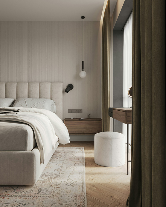 Camera da letto con pareti e tessili in Cloud Dancer colore 2026 Pantone