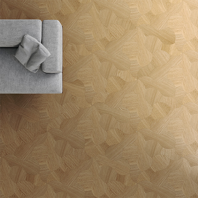 Pavimento in parquet Supernova di Listone Giordano con geometria modulare in rovere chiaro