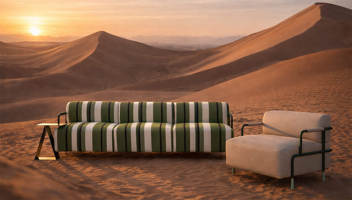 Divano outdoor a righe verdi Sunset Collection di Diviana in ambientazione esterna