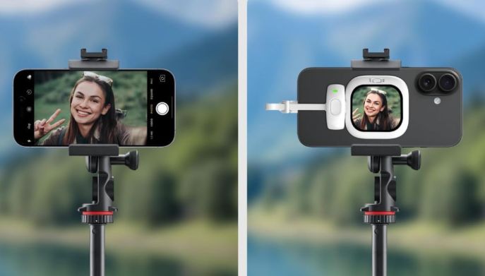 Schermo magnetico per vlog applicato alla scocca posteriore di uno smartphone