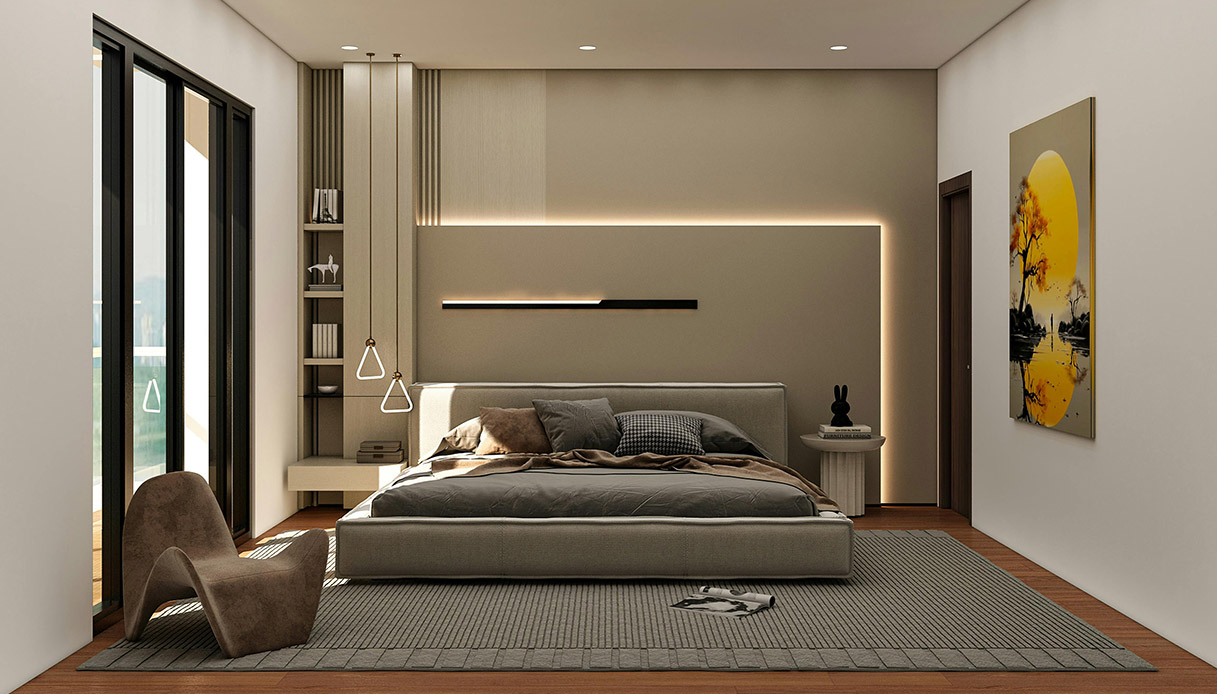 Camera da letto minimal con testiera retroilluminata, tappeto grigio e grande finestra laterale