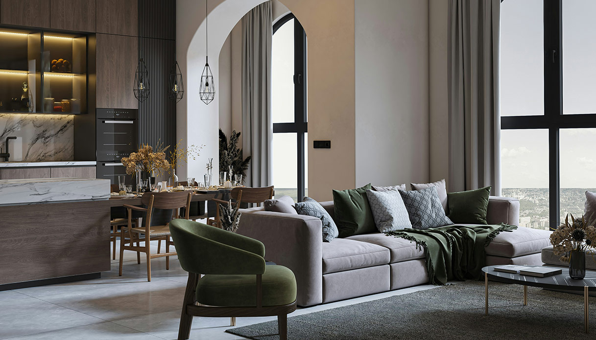 soggiorno contemporaneo con divano beige cuscini verdi e cucina a vista elegante