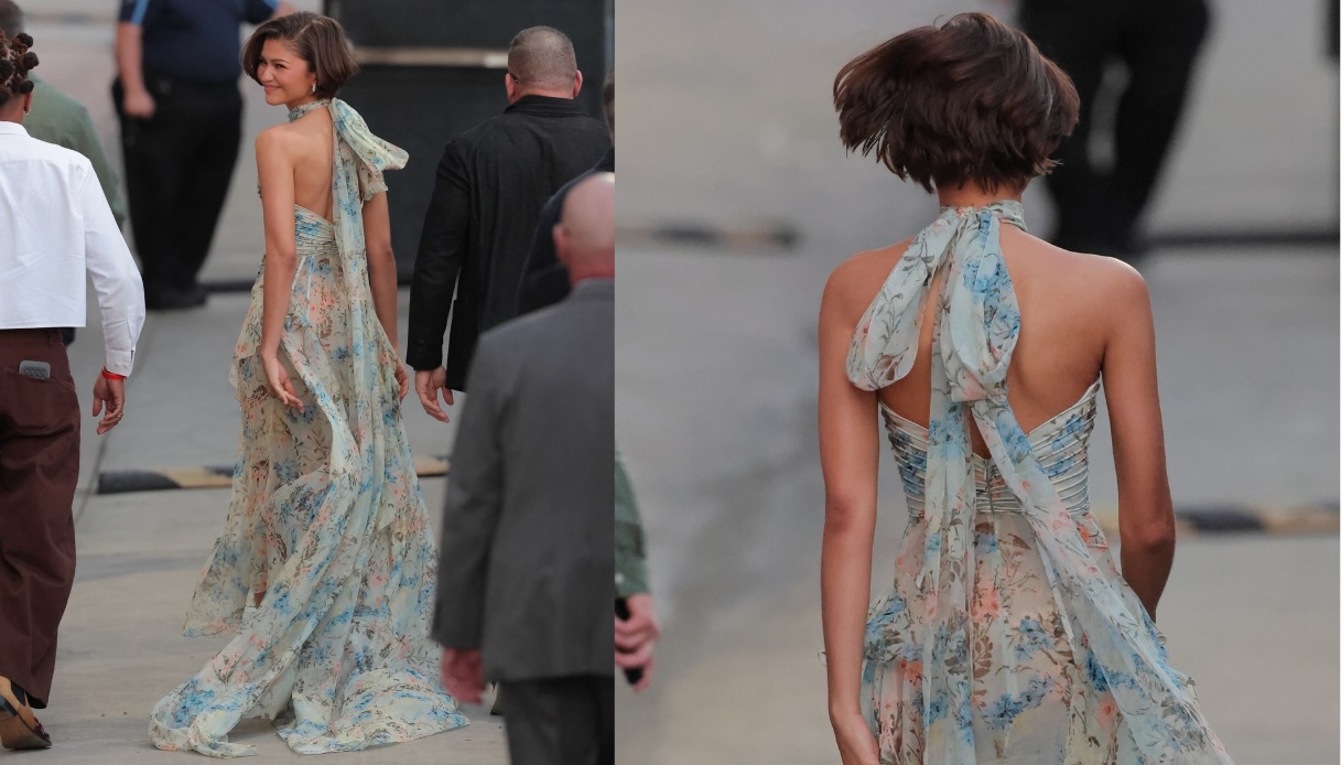 Zendaya a Los Angeles per Jimmy Kimmel con abito floreale in chiffon Alexander McQueen con schiena scoperta e coda fluida