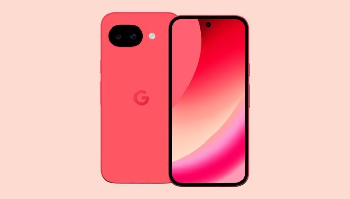 Vista frontale e posteriore di Google Pixel 10a in colorazione corallo con doppia fotocamera e logo G.