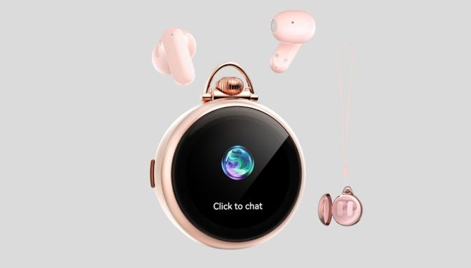 Auricolari Relxhome N03 rosa con una custodia circolare dotata di schermo che mostra l'icona "Click to chat".