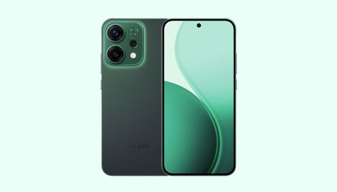OPPO Reno14 verde scuro dal profilo ultra sottile con tre fotocamere e bordi del display curvi.