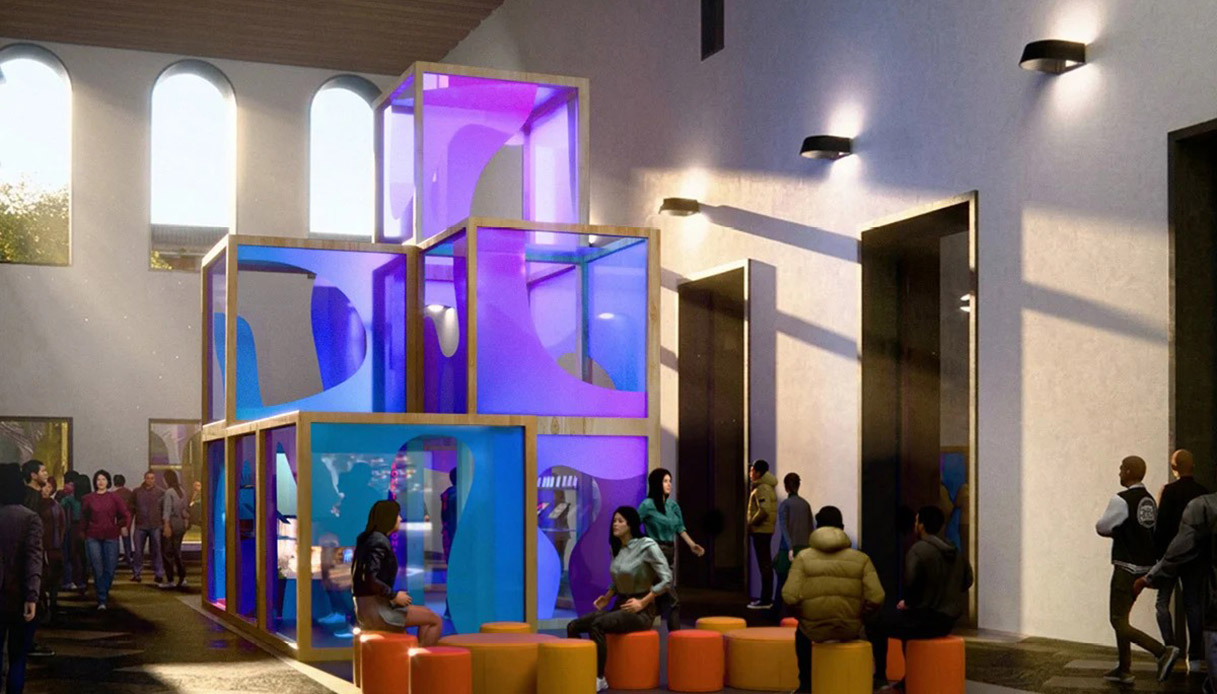 Rendering dell'installazione Kaleido di MAD Architects per Canva con cubi traslucidi sovrapposti illuminati in blu e viola nella hall dell'Aula Magna dell'Universit&agrave; Statale