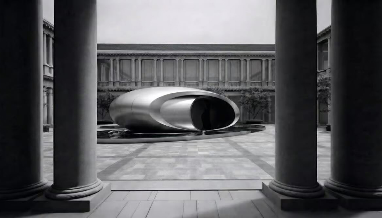 Rendering dell'installazione Origin di Zaha Hadid Architects per Audi, struttura metallica ovoidale in un cortile neoclassico con colonne, in bianco e nero